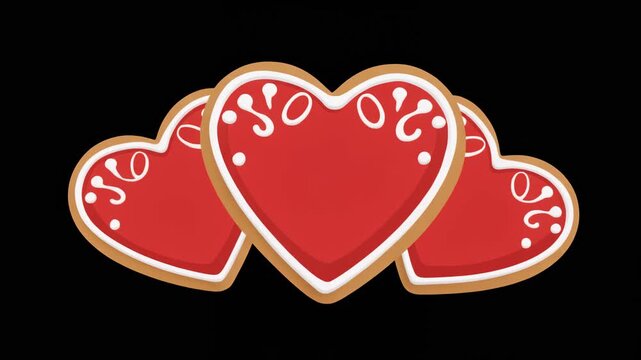 Animated red heart-shaped gingerbread cookies with white icing on black background, for valentine&rsquo;s day