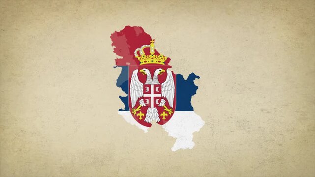 Animated Appearing SERBIA Map Filled with Flag Isolated on Vintage Background