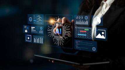 Business professional interacting with futuristic artificial intelligence interface displaying data...