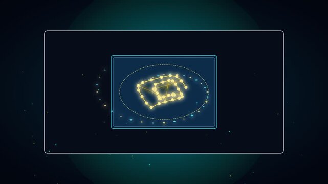 Abstract futuristic digital interface with glowing constellation map and data matrix