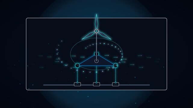 Futuristic digital interface displaying wind turbine schematic and data analytics