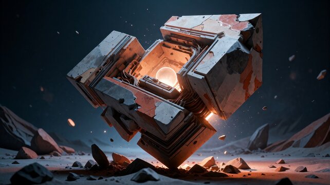 Futuristic Sci-Fi Energy Cube Floating Above Alien Landscape