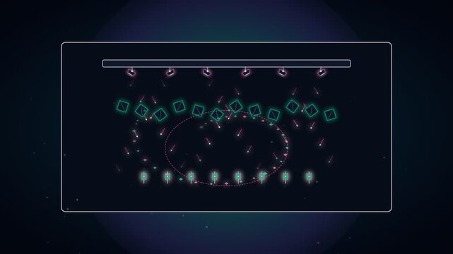 Abstract futuristic digital interface with glowing geometric elements and light effects on dark background