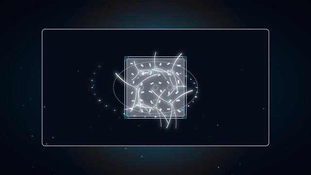 Abstract futuristic digital interface with glowing abstract data structures and technology frame