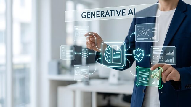 Professional business person interacting with advanced generative ai digital interface technology concept