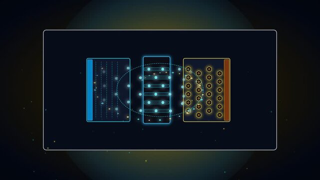 Abstract digital technology interface with glowing nodes and data flow visualization