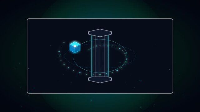 Futuristic digital interface with glowing abstract cube and technical data structures