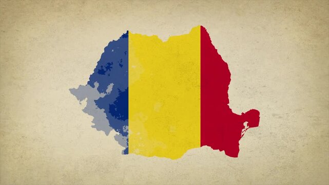 Animated Appearing ROMANIA Map Filled with Flag Isolated on Vintage Background