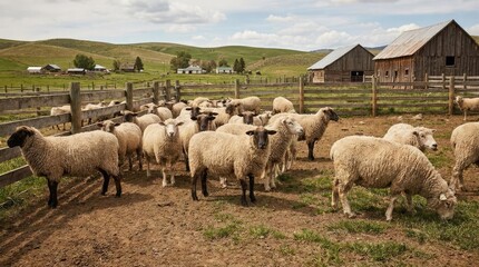 Fototapeta premium Sheep flock gathered near wooden barns on farm.