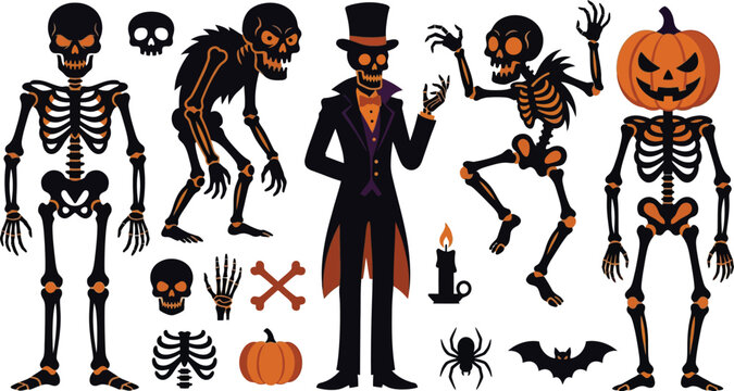 A collection of spooky halloween characters including skeletons a mysterious top hat gentleman and carved pumpkins on a white background
