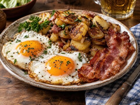 Knusprige Bratkartoffeln mit zwei Spiegeleiern, Speck und Petersilie auf rustikalem Teller &ndash; ein deftiger deutscher Klassiker f&uuml;r Fr&uuml;hst&uuml;ck, Mittagessen oder Abendbrot.