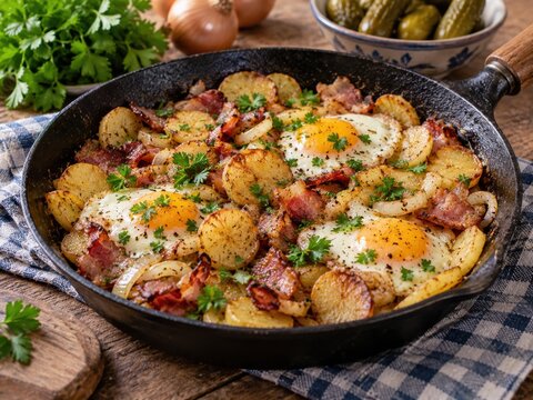 Rustikale Bauernpfanne mit Bratkartoffeln, Speck, Zwiebeln und drei Spiegeleiern, frisch mit Petersilie garniert &ndash; deftige deutsche Hausmannskost direkt aus der Pfanne.