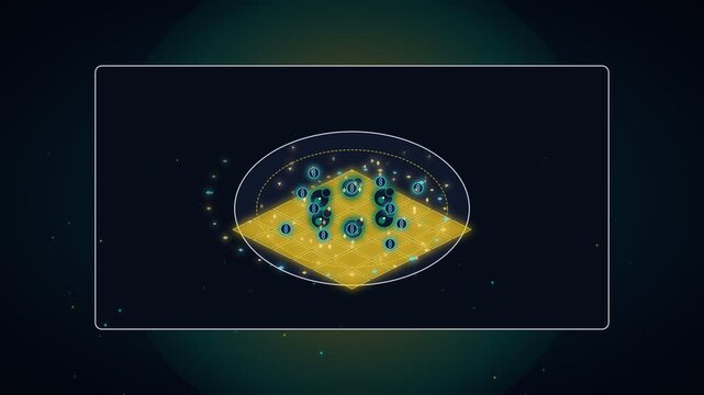 Futuristic abstract digital interface glowing with scientific data and particles