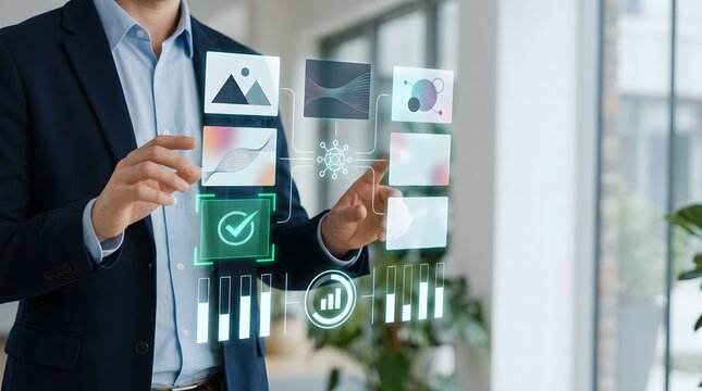 Business professional examining displayed cards and information in a modern office setting