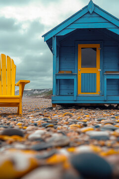 A simple beach hut with a yellow chair on a rocky coastline. vertical frame