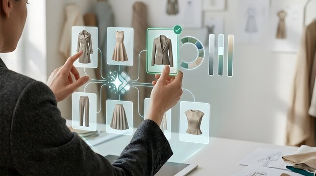 A business professional interacting with a futuristic holographic display of data