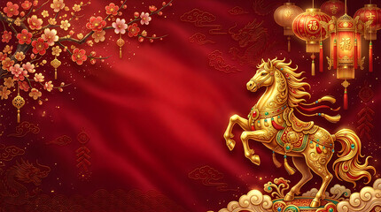 Fototapeta premium Golden horse statue on red background for celebration of the traditional chinese new year festival