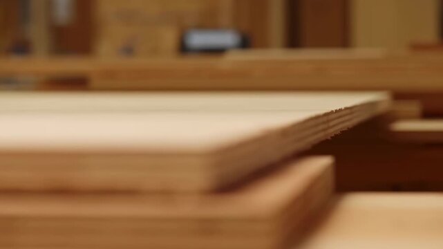 Stacked plywood sheets fill close-up view as perspective glides along layered edges, revealing alternating wood veneers, rough fibers, warm brown tones, and shallow focus