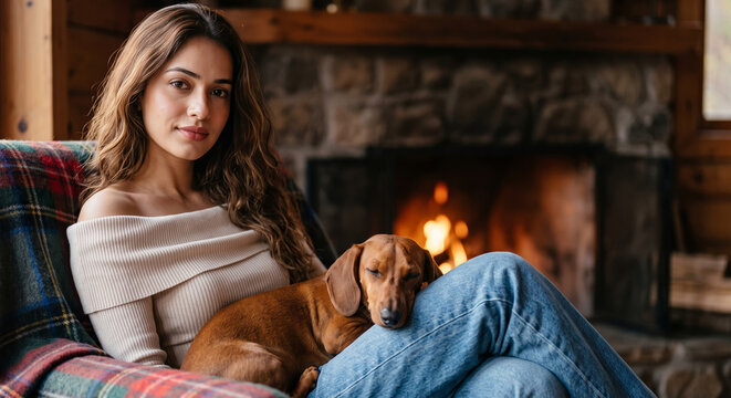 Woman in an off-shoulder white top relaxes with a small brown dog beside a glowing stone fireplace, creating a warm rustic cabin scene with intimate evening ambiance.