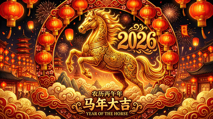 Fototapeta premium Golden horse statue celebrating the year 2026 for the festive chinese new year holiday season