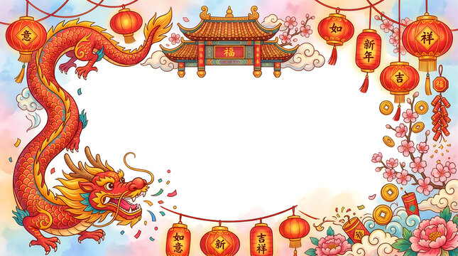 Watercolor illustration border featuring a dragon and red lanterns for the chinese new year celebration