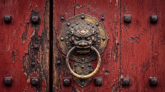 Traditional Chinese Door Knocker on Weathered Red Wooden Gate