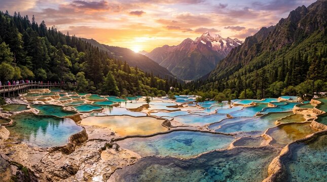 Huanglong Terraced Travertine Pools at Sunset in China