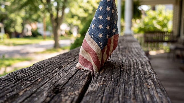 Small American Flag on Rustic Wooden Porch Railing