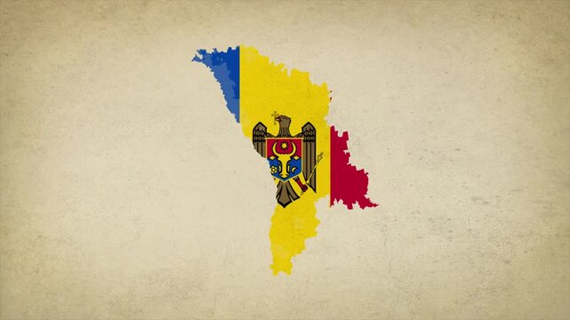 Animated Appearing MOLDOVA Map Filled with Flag Isolated on Vintage Background