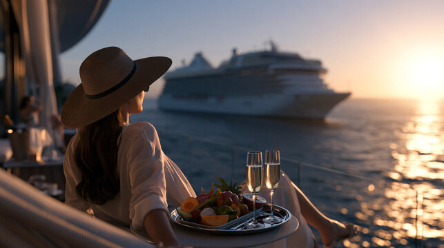 Woman Relaxing on Balcony Overlooking Cruise Ship at Sunset