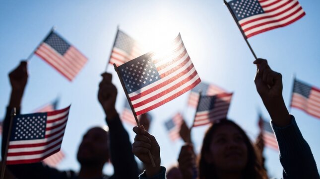 Crowd Waving American Flags Against Sunny Sky