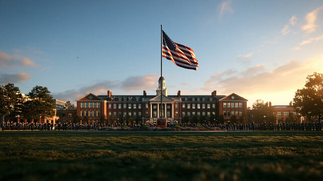 American Flag Waving over Historic Military Academy Campus at Sunset