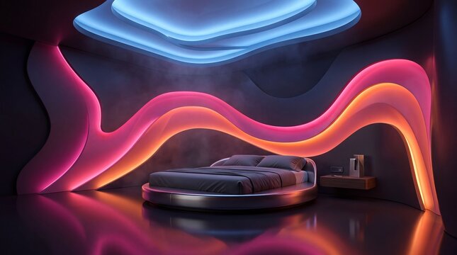 Futuristic Luxury Bedroom with Neon Ambient Wave Lighting