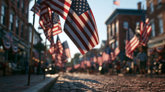 American Flags Lining Historic Cobblestone Main Street