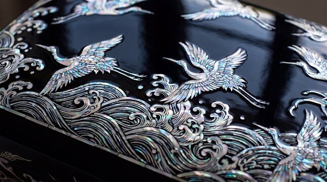 Mother of Pearl Inlaid Lacquer Box with Flying Cranes