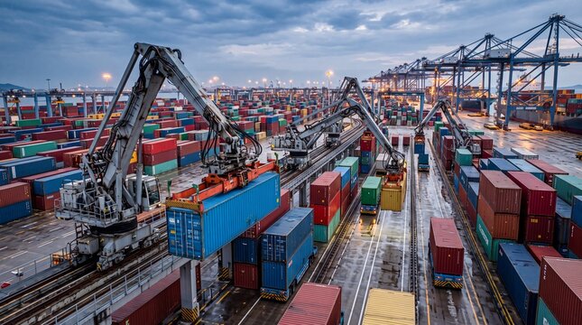 Cargo Cranes Loading Freight Containers at Commercial Port