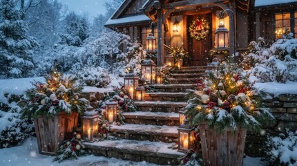 Fototapeta premium Cozy winter evening with snow falling on a decorated house entrance