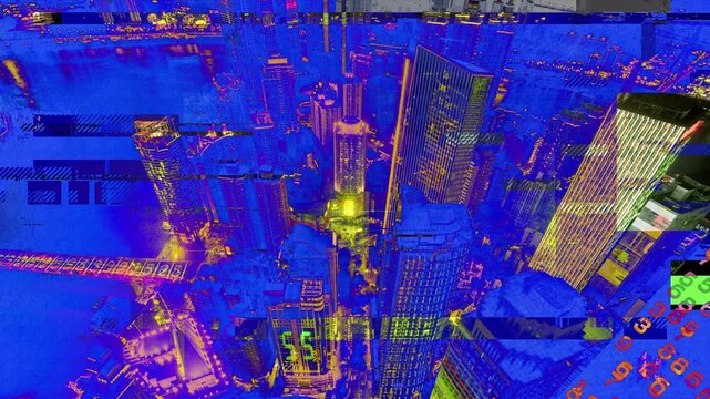 chongqing cyberpunk city with overlayed code and data on the buildings