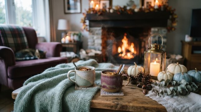Cozy autumn evening with hot drinks by a warm fireplace and pumpkins