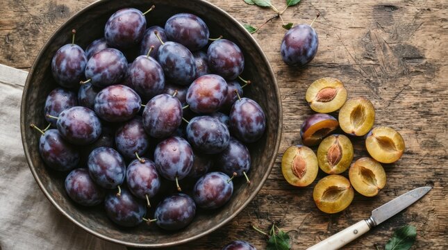 Fresh ripe plums in a rustic bowl and scattered on a wooden table