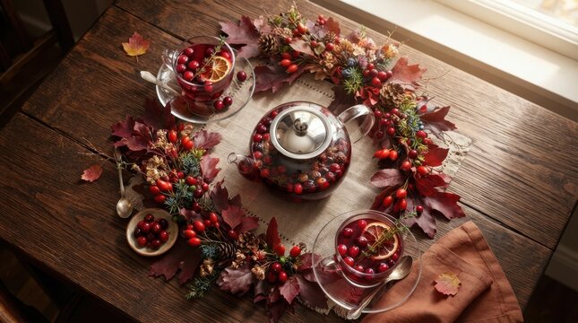 Cozy autumn tea time with berries and fall foliage on a rustic wooden table