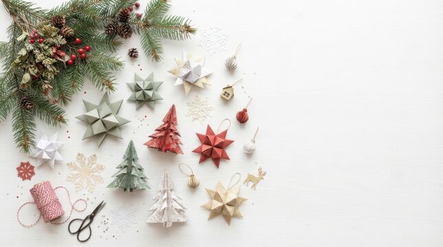 Handmade Christmas ornaments and fir branches arranged on a white wooden surface