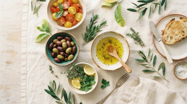 Mediterranean ingredients arranged artfully for a healthy and fresh meal preparation