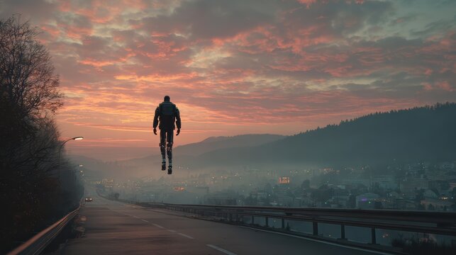 Full body man with modern leg flight device flying over village road, cinematic sunrise, realistic nature, futuristic aesthetics 