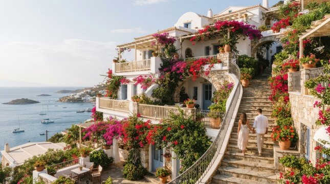 Couple walking up stairs of a bougainvillea-covered villa overlooking the sea