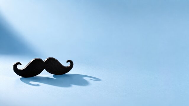 Black mustache with dramatic shadow on blue background for Movember awareness