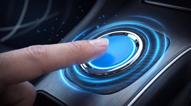 finger pressing glowing blue button on car dashboard