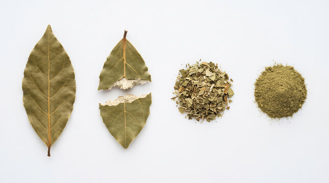Bay Leaves Shown in Four Stages from Whole Leaf to Crushed Herb Powder