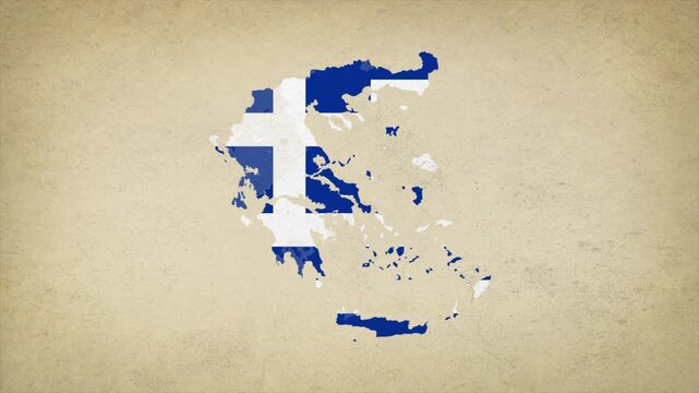 Animated Appearing GREECE Map Filled with Flag Isolated on Vintage Background