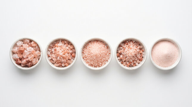 Pink Himalayan Salt Shown in Five Bowls from Coarse Rock Crystals to Fine Powder